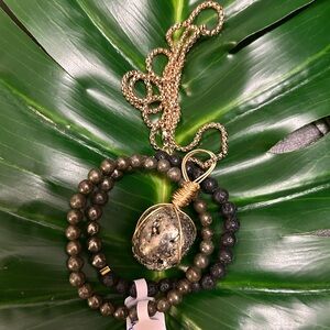 chunky GORGEOUS PYRITE wire wrapped crystal pendant necklace & bracelet set